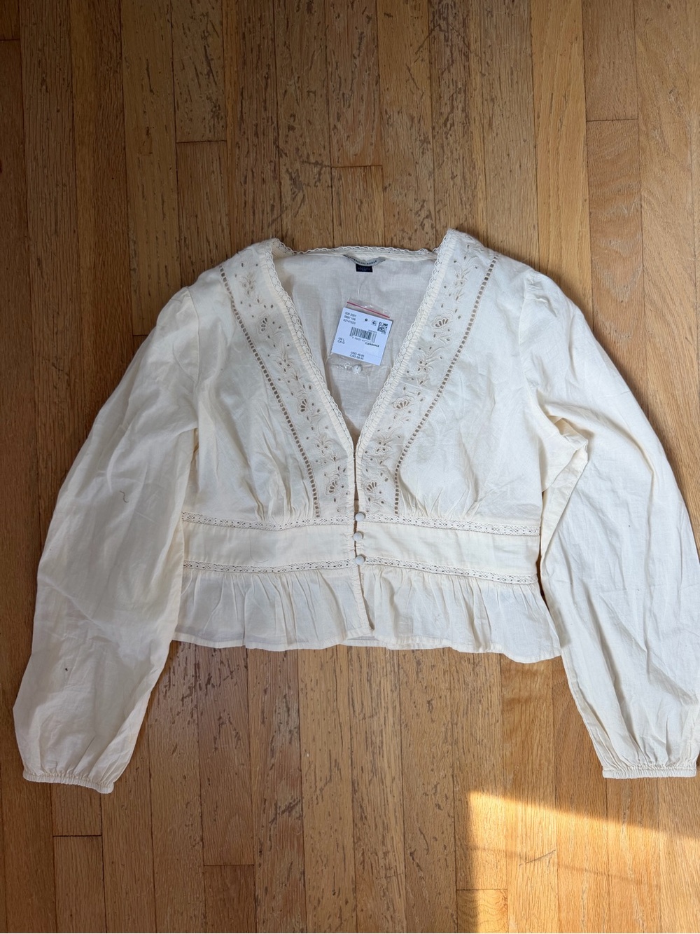 American Eagle Women's Cream Embroidered V-Neck Button Front Top
